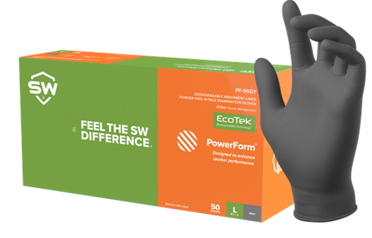 PF-95GY SW Safety® PowerForm® EcoTek® Biodegradable DriTek® Gray Latex-Free Nitrile Exam Gloves